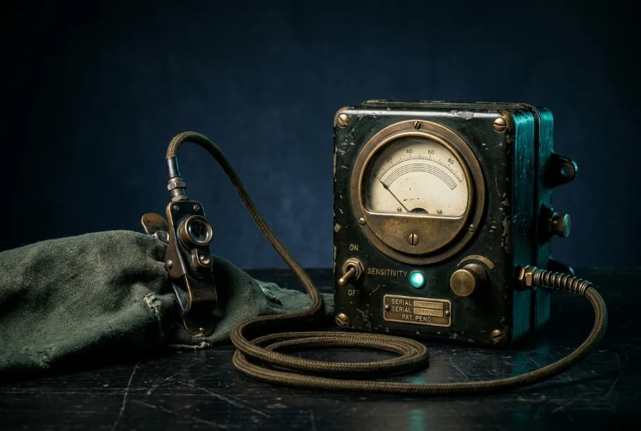 WWII-era aviation medical equipment: a portable oxygen monitor with an analogue gauge and cloth-wrapped cable.