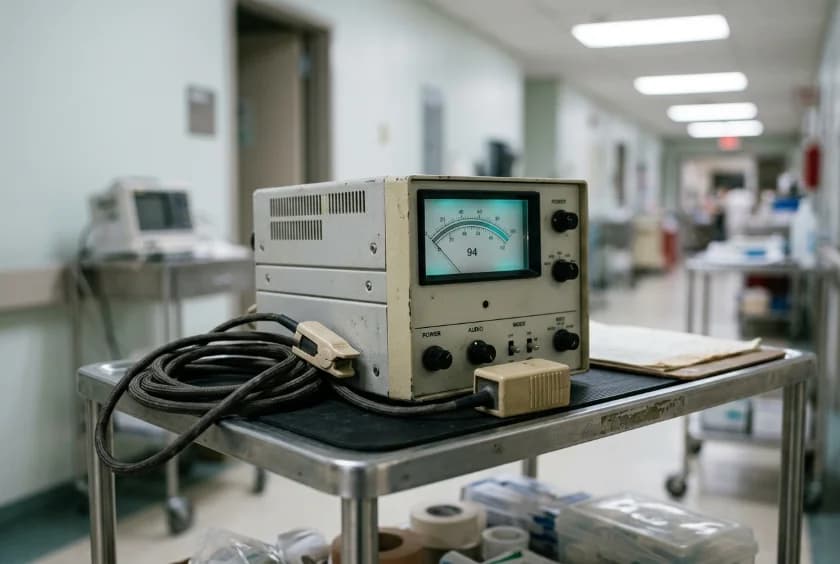 An early hospital pulse oximeter on a stainless steel cart in a clinical corridor.