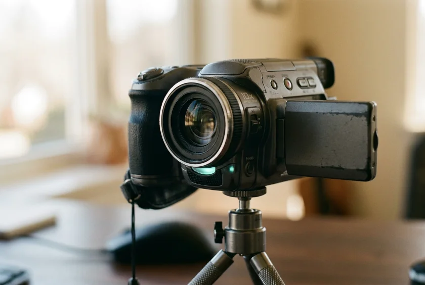An early-2000s camcorder mounted on a small tripod on a desk.