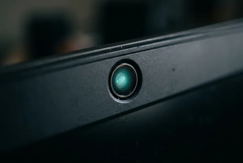 Close-up of a laptop bezel webcam with its indicator lit.
