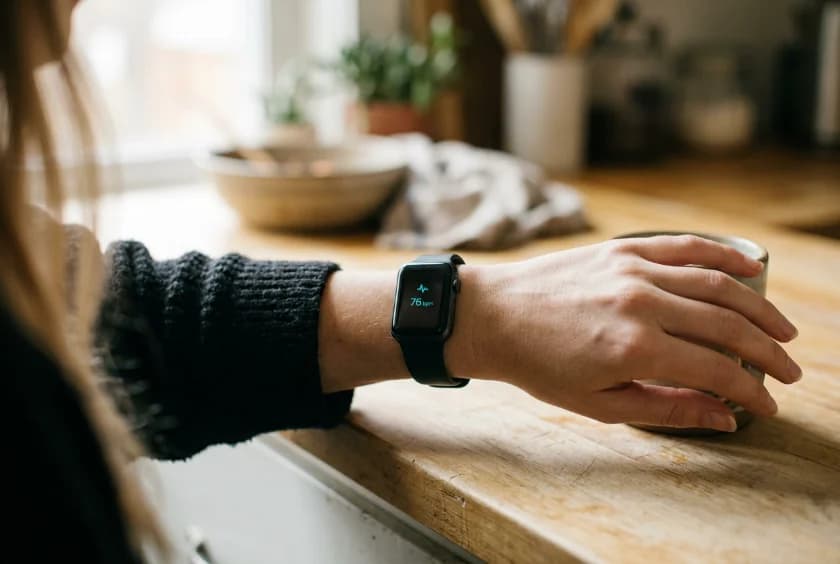 A smartwatch on a wrist displaying a heart rate of 76 bpm.